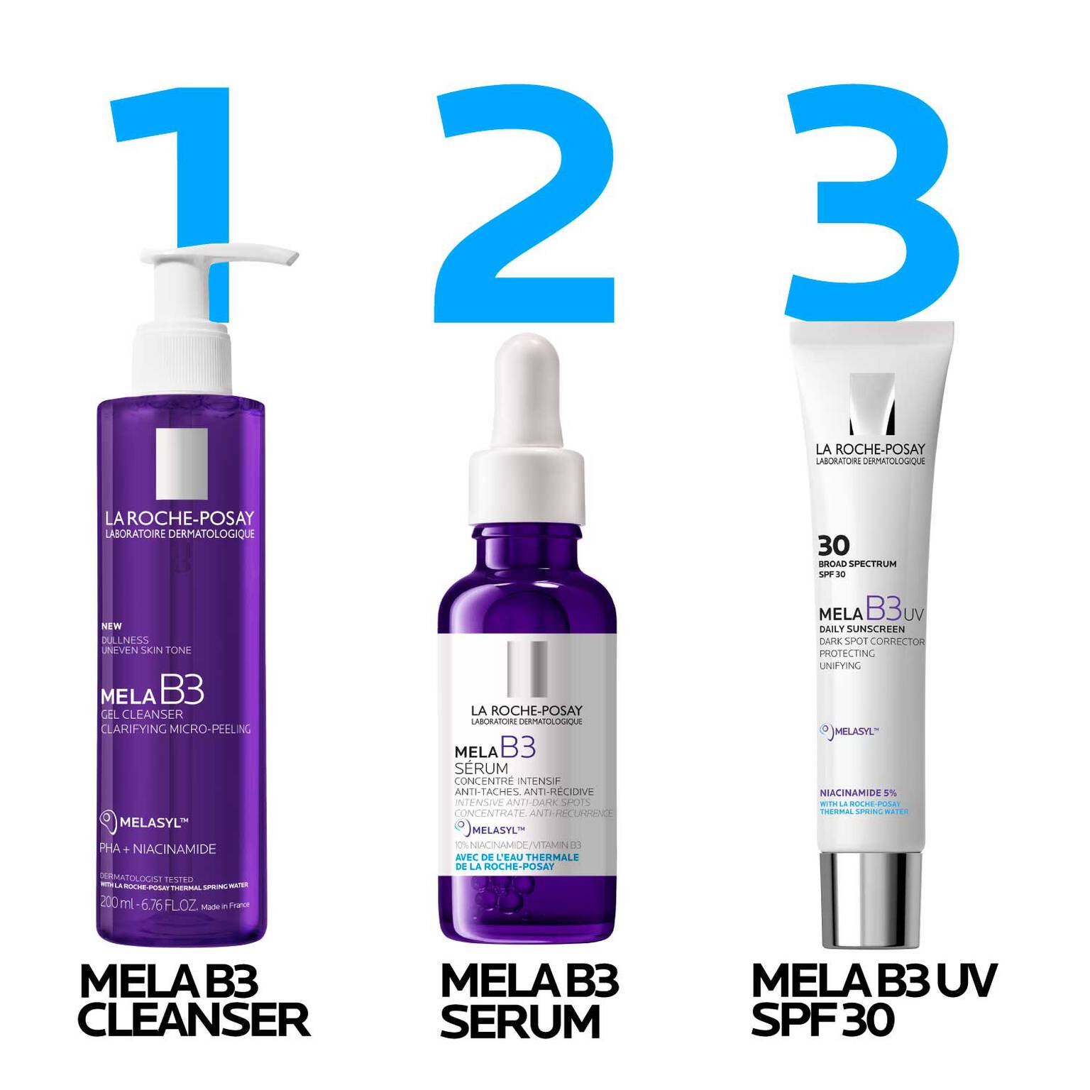 mela-b3-facial-gel-cleanser-with-melasyltm-niacinamide-k2 LaRochePosay-Product-MelaB3-MelaB3Cleanser-200ml-03337875890069-Routine_1500x1500_REV.jpg